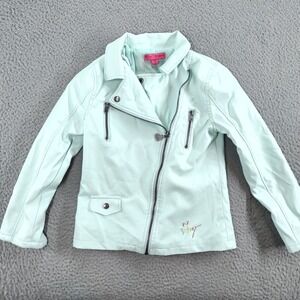 Betsey Johnson Faux Leather Jacket Girls 12 Mint Green Full Zip Biker Style